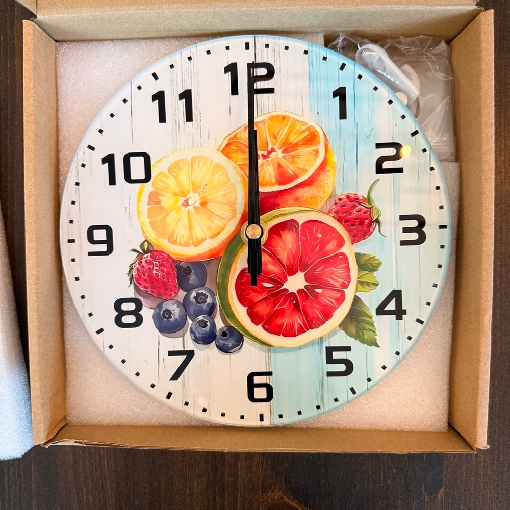Decorative Fruit Wall Clock in Multicolor Glass NEW in box - Mother’s Day gift